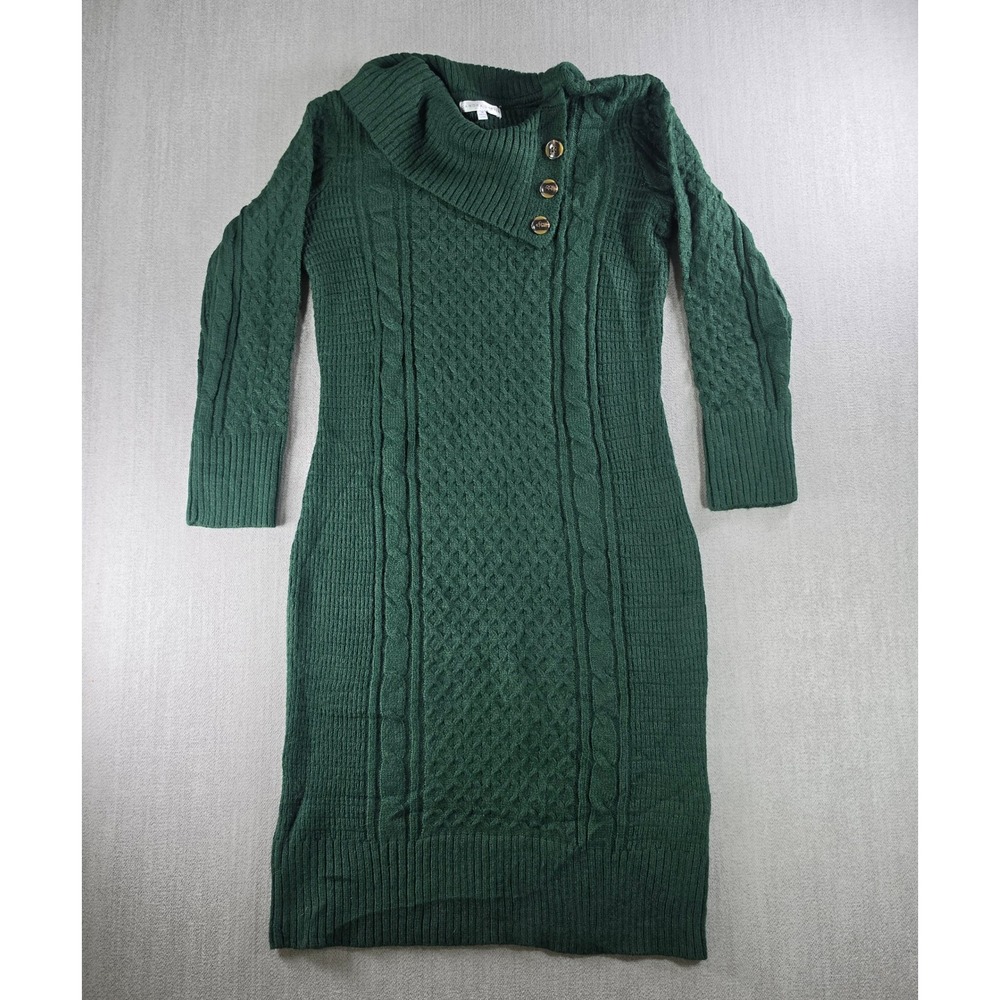Sandra Darren Sweater Dress Women M Green Cable Knit Cowl Neck Button Detail